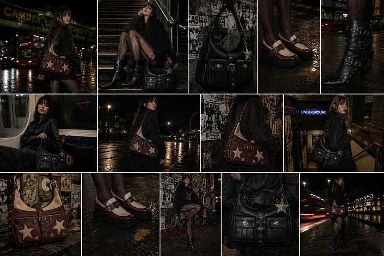 Grid of fifteen night-time photographs of the NØCTRA hobo bag worn on the streets of London.