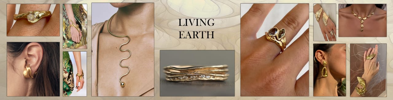 Mood board for the LIVING EARTH collection: photographic references, textile samples and the collection title.