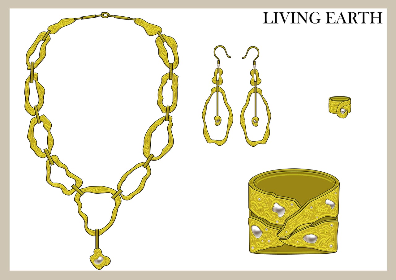 Design plate for LIVING EARTH: fashion illustrations and technical flat drawings with construction annotations.