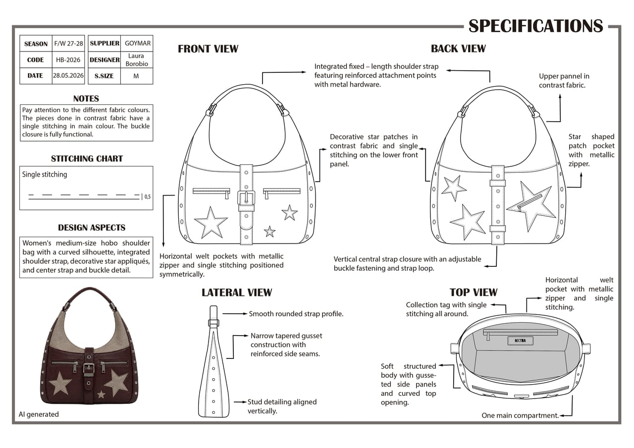 Technical specification sheet for the NØCTRA hobo bag: front, back, lateral and top views with construction notes.