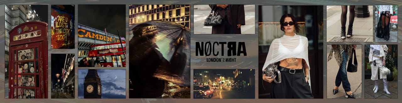 Mood board for the NØCTRA collection: London by night, street style, statement footwear and bags.