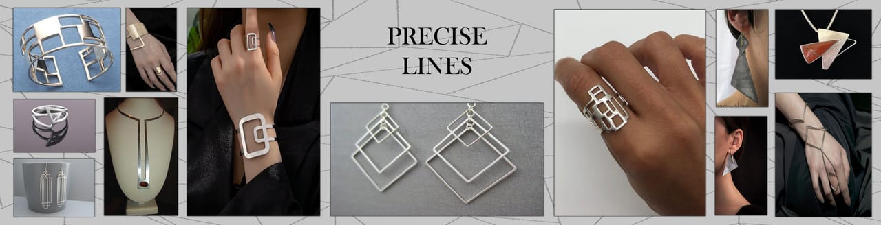 Mood board for the PRECISE LINES collection: photographic references, textile samples and the collection title.