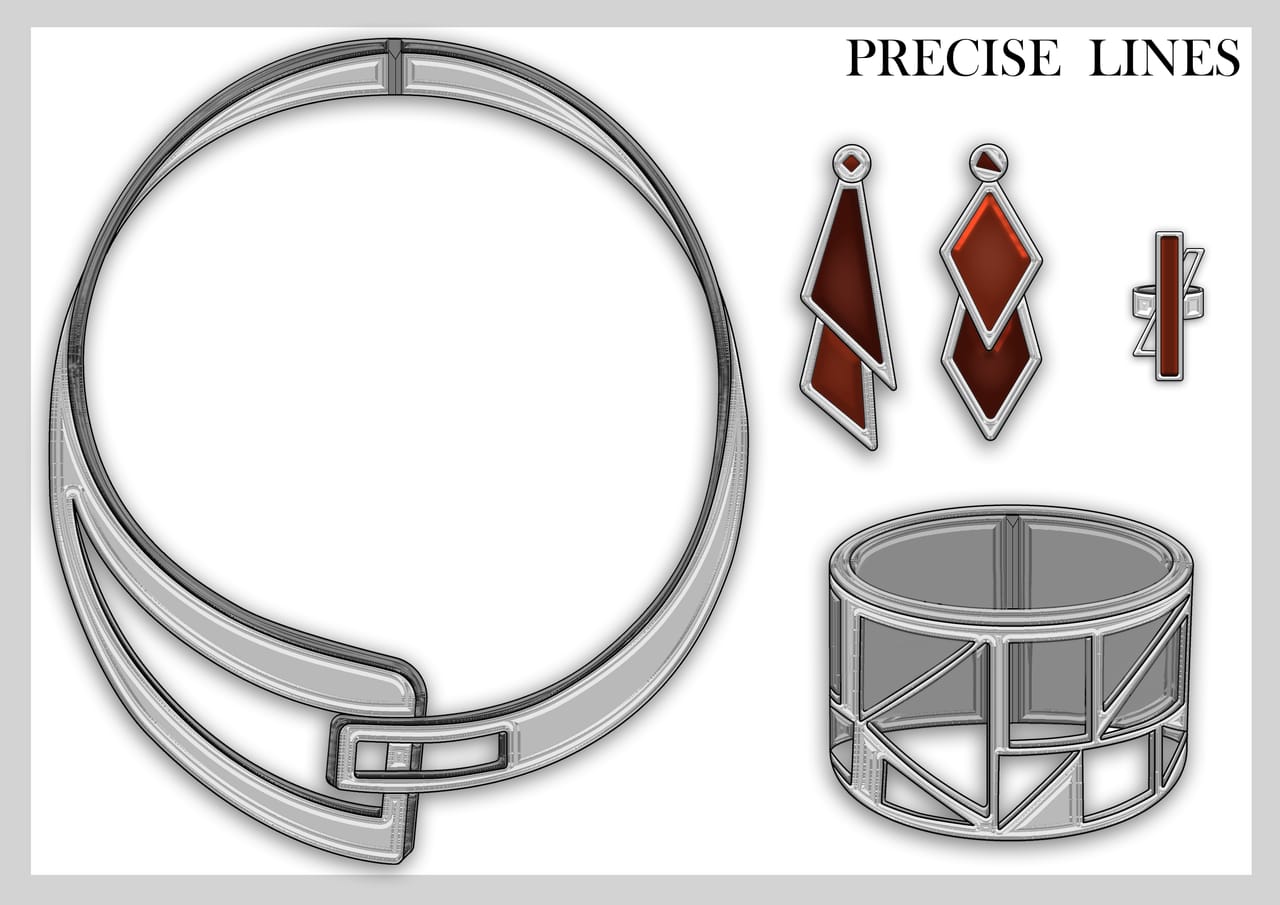 Design plate for PRECISE LINES: fashion illustrations and technical flat drawings with construction annotations.