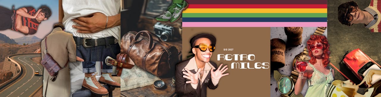 Mood board for the RETRO MILES collection: photographic references, textile samples and the collection title.