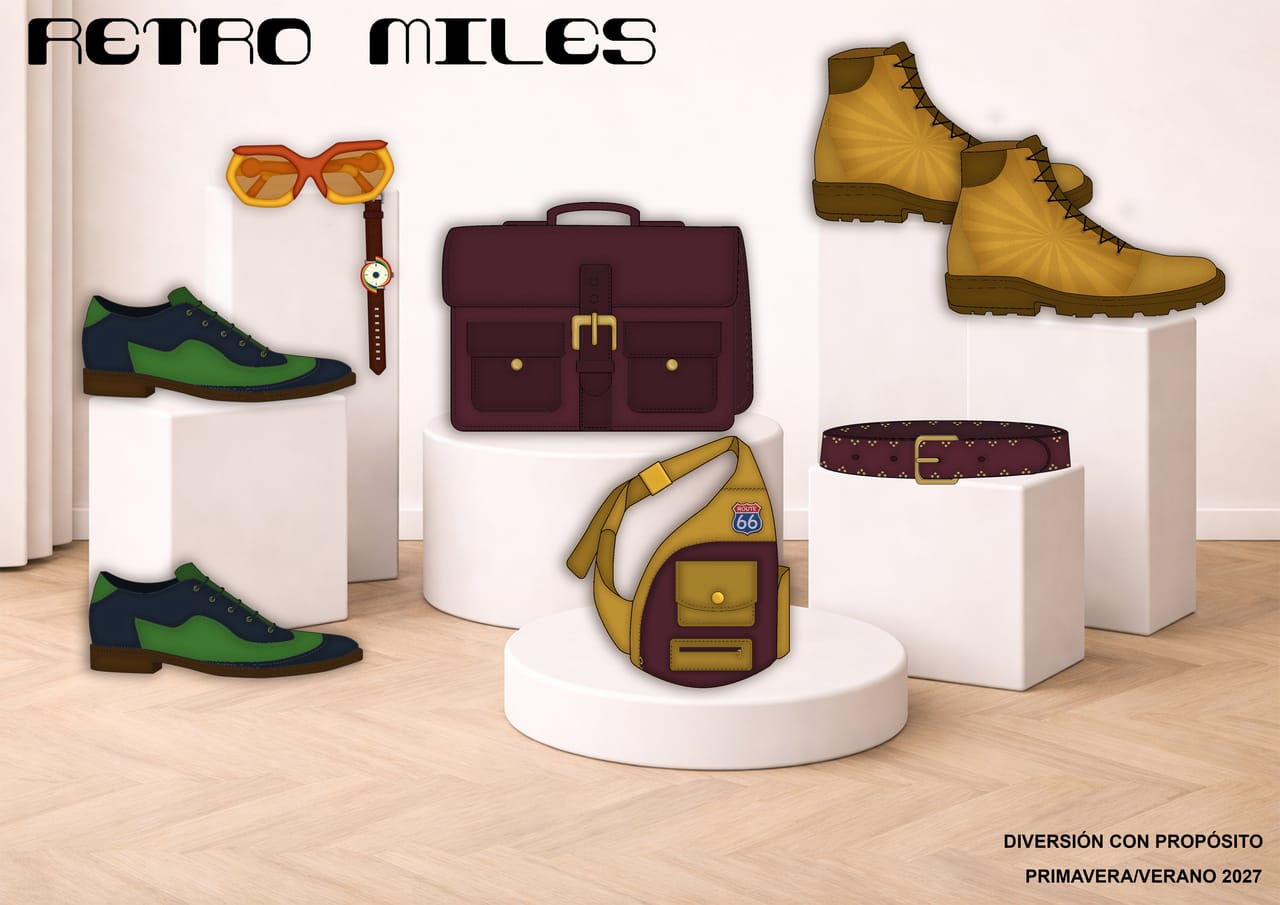 Design plate for RETRO MILES: fashion illustrations and technical flat drawings with construction annotations.
