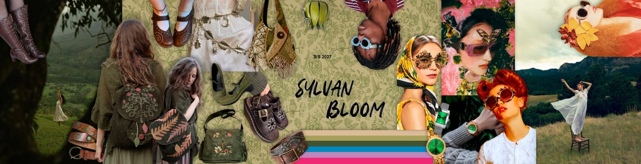 Mood board for the SYLVAN BLOOM collection: photographic references, textile samples and the collection title.