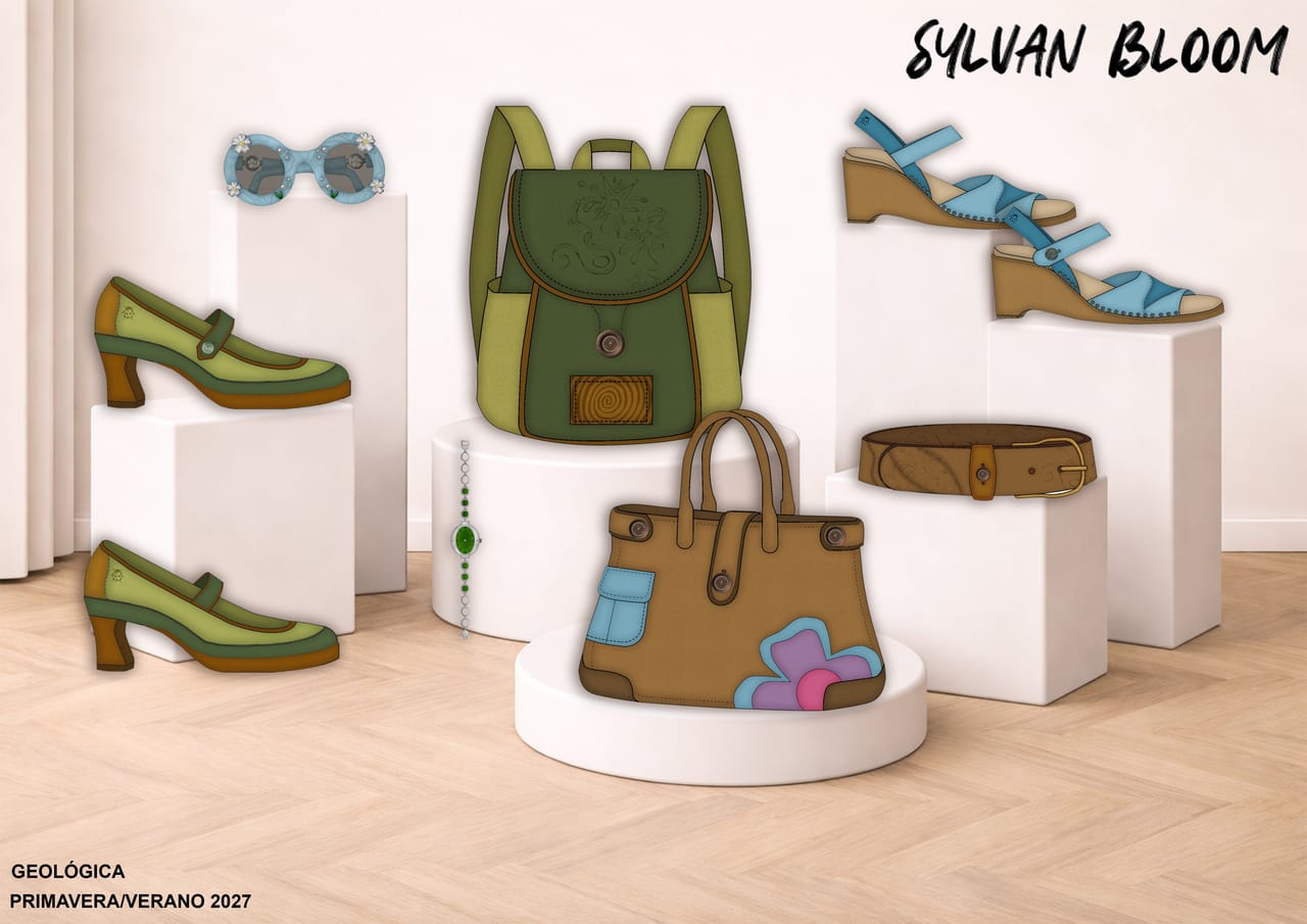 Design plate for SYLVAN BLOOM: fashion illustrations and technical flat drawings with construction annotations.