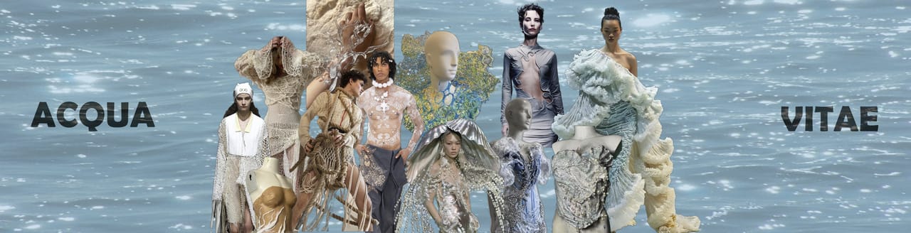 Mood board for Acqua Vitae: models in translucent, textured garments against a sunlit sea.