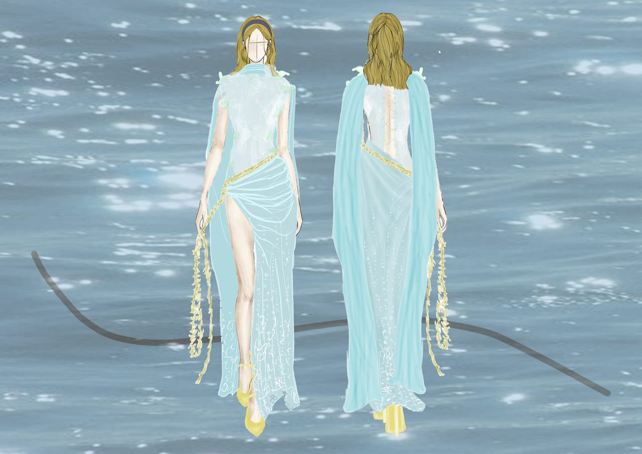Fashion illustration of the first Acqua Vitae look: white corset with recycled plastic flowers and a blue crepe georgette skirt.