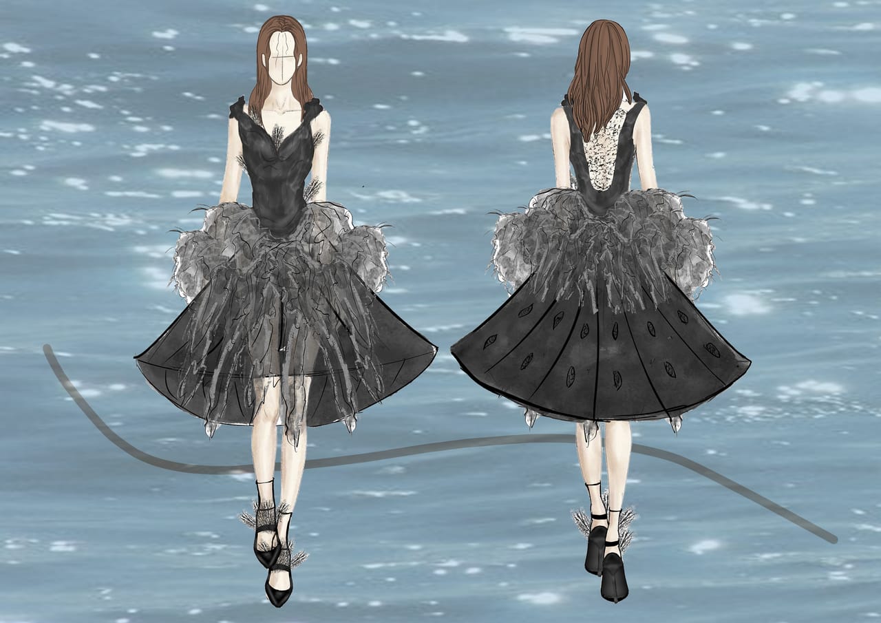 Fashion illustration of the second Acqua Vitae look: resined black satin top and feathered half-circle skirt.
