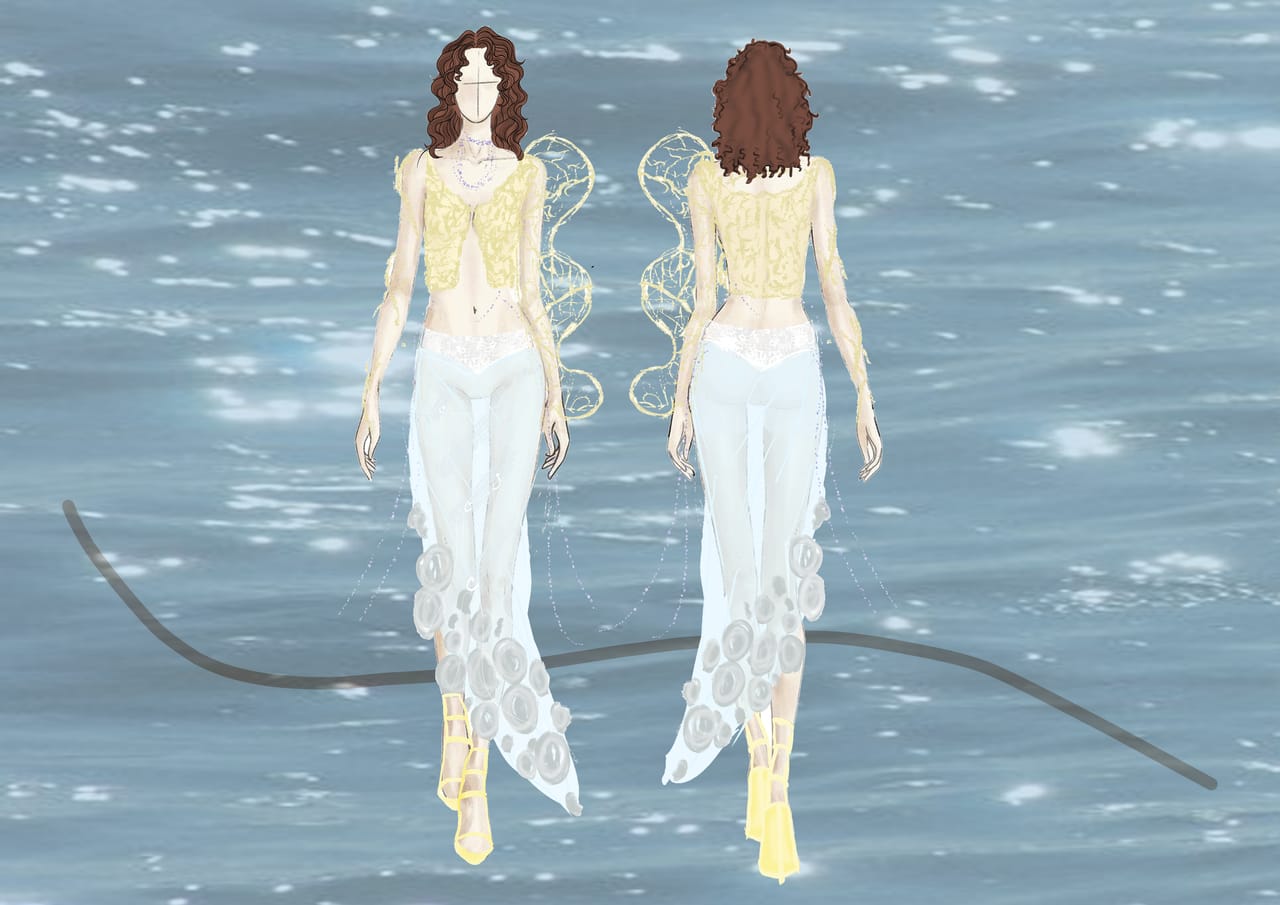 Fashion illustration of the last Acqua Vitae look.