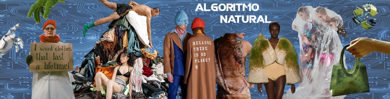 Mood board for the ALGORITMO NATURAL collection: photographic references, textile samples and the collection title.