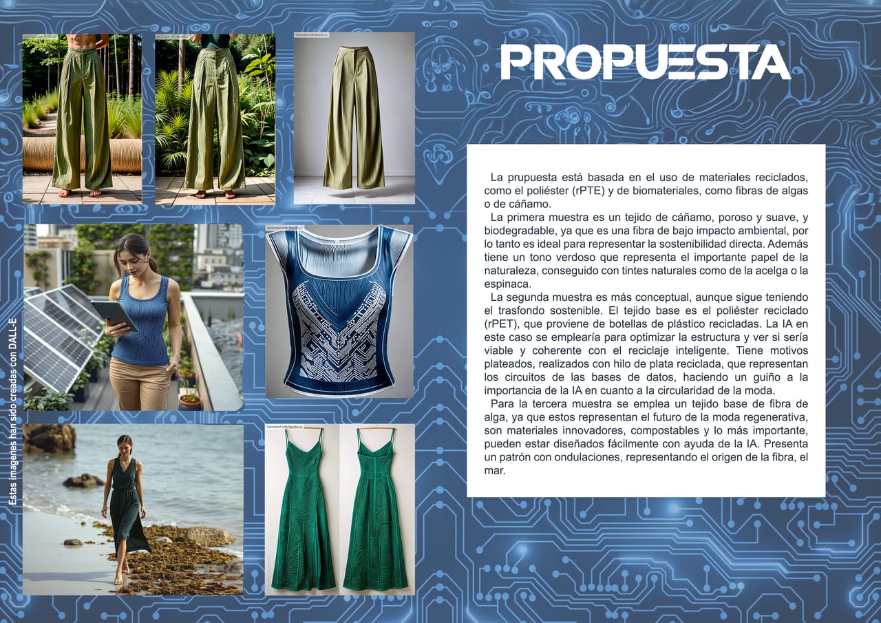 Design plate for ALGORITMO NATURAL: fashion illustrations and technical flat drawings with construction annotations.