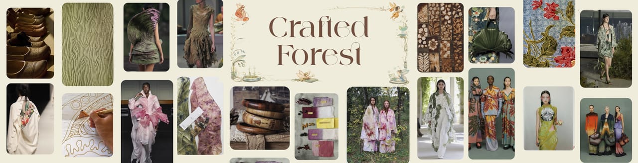 Mood board for the CRAFTED FOREST collection: photographic references, textile samples and the collection title.