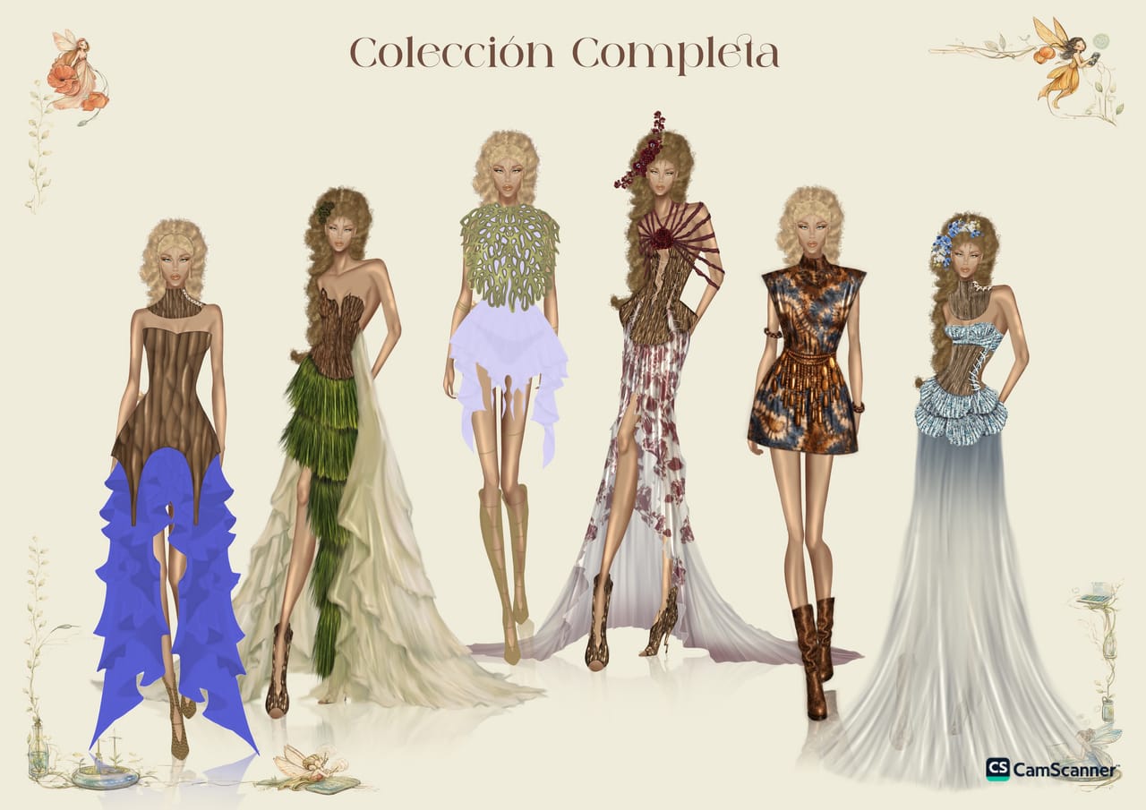 Design plate for CRAFTED FOREST: fashion illustrations and technical flat drawings with construction annotations.
