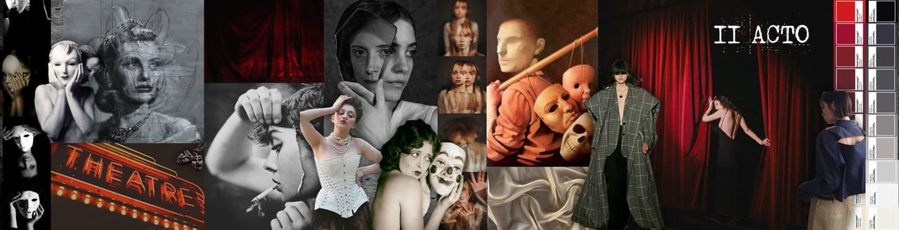 Mood board for II Acto: theatre, masks, red velvet curtains and black-and-white stage portraits.