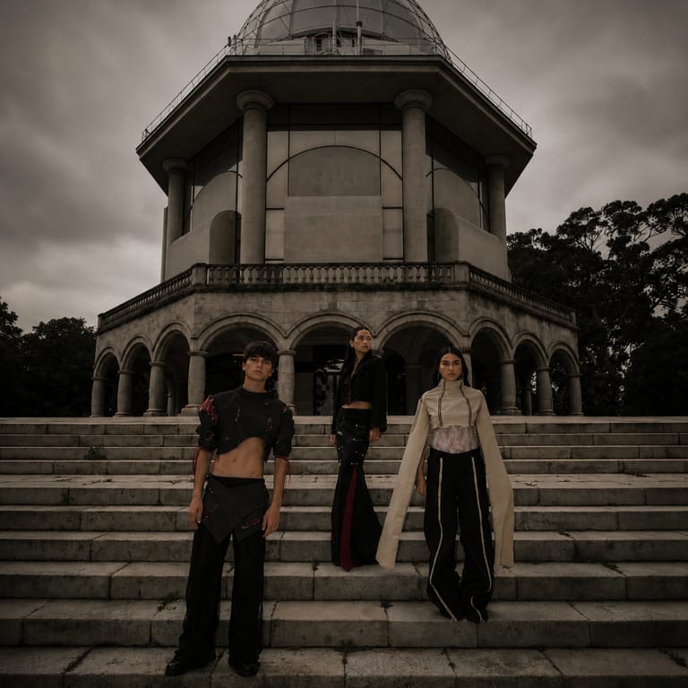 Three II Acto looks on the steps of a domed neoclassical pavilion under a grey sky: a cropped dark top with layered skirt, a black bodice with red-panelled trousers, and a cream cropped jacket with long draped sleeves.
