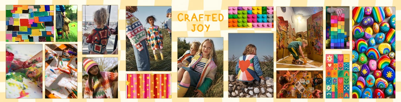 Mood board for the CRAFTED JOY collection: photographic references, textile samples and the collection title.