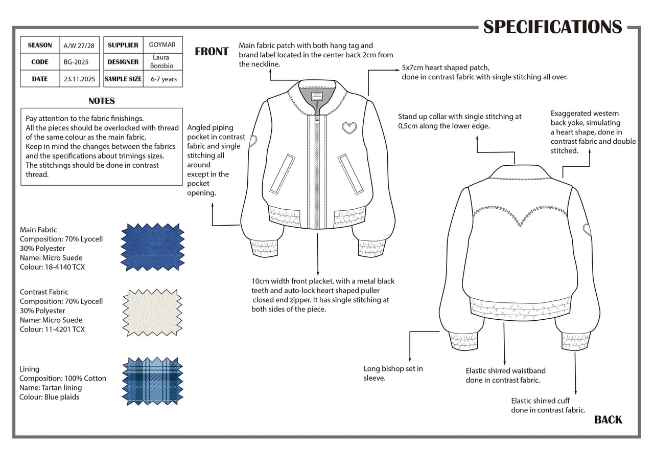 Technical specification sheet for CRAFTED JOY: front and back flat drawings with construction annotations, fabric swatches and Pantone references.