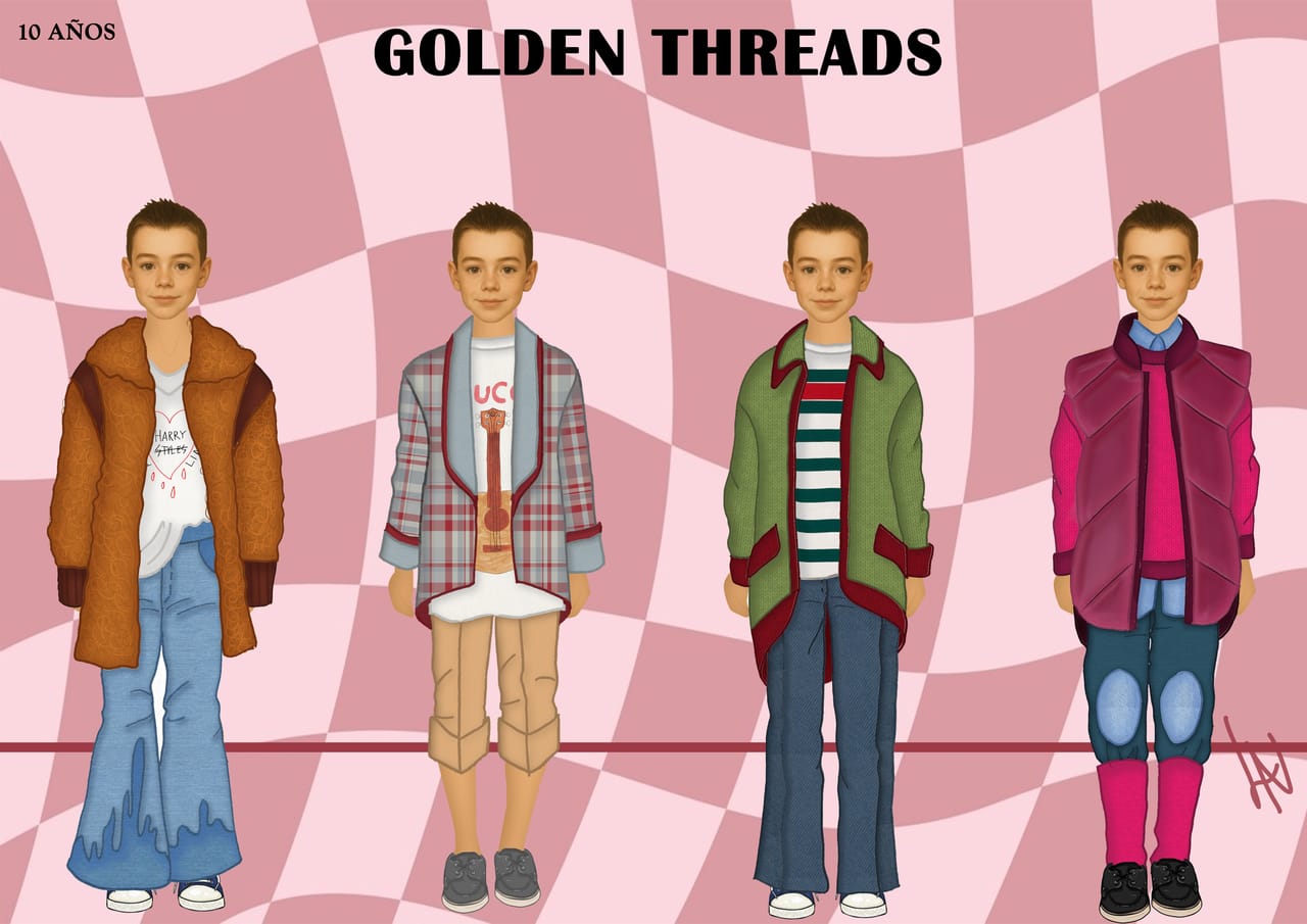 Design plate for GOLDEN THREADS: fashion illustrations and technical flat drawings with construction annotations.