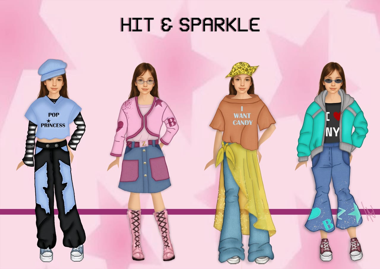 Design plate for HIT & SPARKLE: fashion illustrations and technical flat drawings with construction annotations.