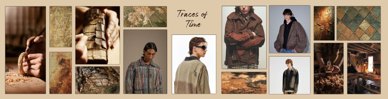 Mood board for the TRACES OF TIME collection: photographic references, textile samples and the collection title.