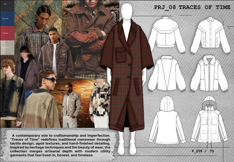 Design plate for TRACES OF TIME: fashion illustrations and technical flat drawings with construction annotations.