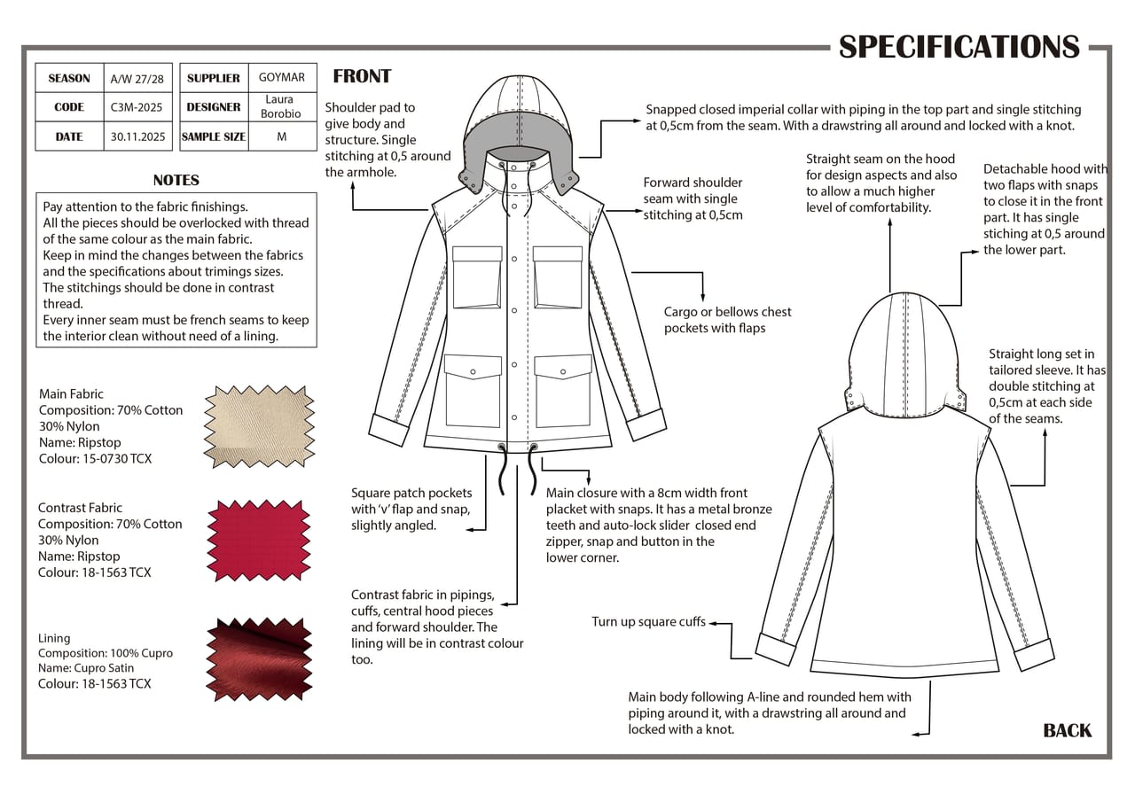 Technical specification sheet for TRACES OF TIME: front and back flat drawings with construction annotations, fabric swatches and Pantone references.