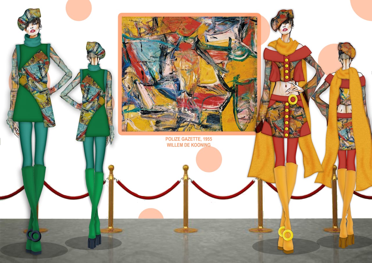 Design plate for GAZETTE 69: fashion illustrations and technical flat drawings with construction annotations.
