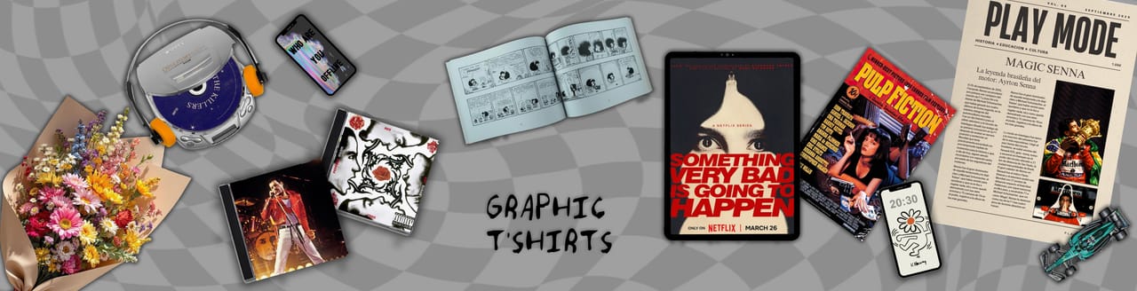 Mood board for the GRAPHIC T-SHIRTS collection: photographic references, textile samples and the collection title.