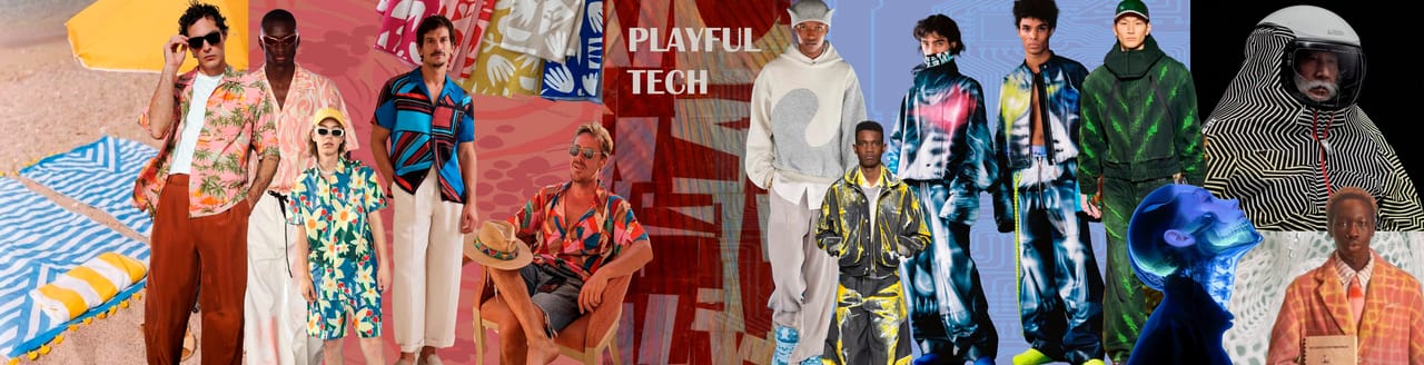 Mood board for the PLAYFUL TECH collection: photographic references, textile samples and the collection title.