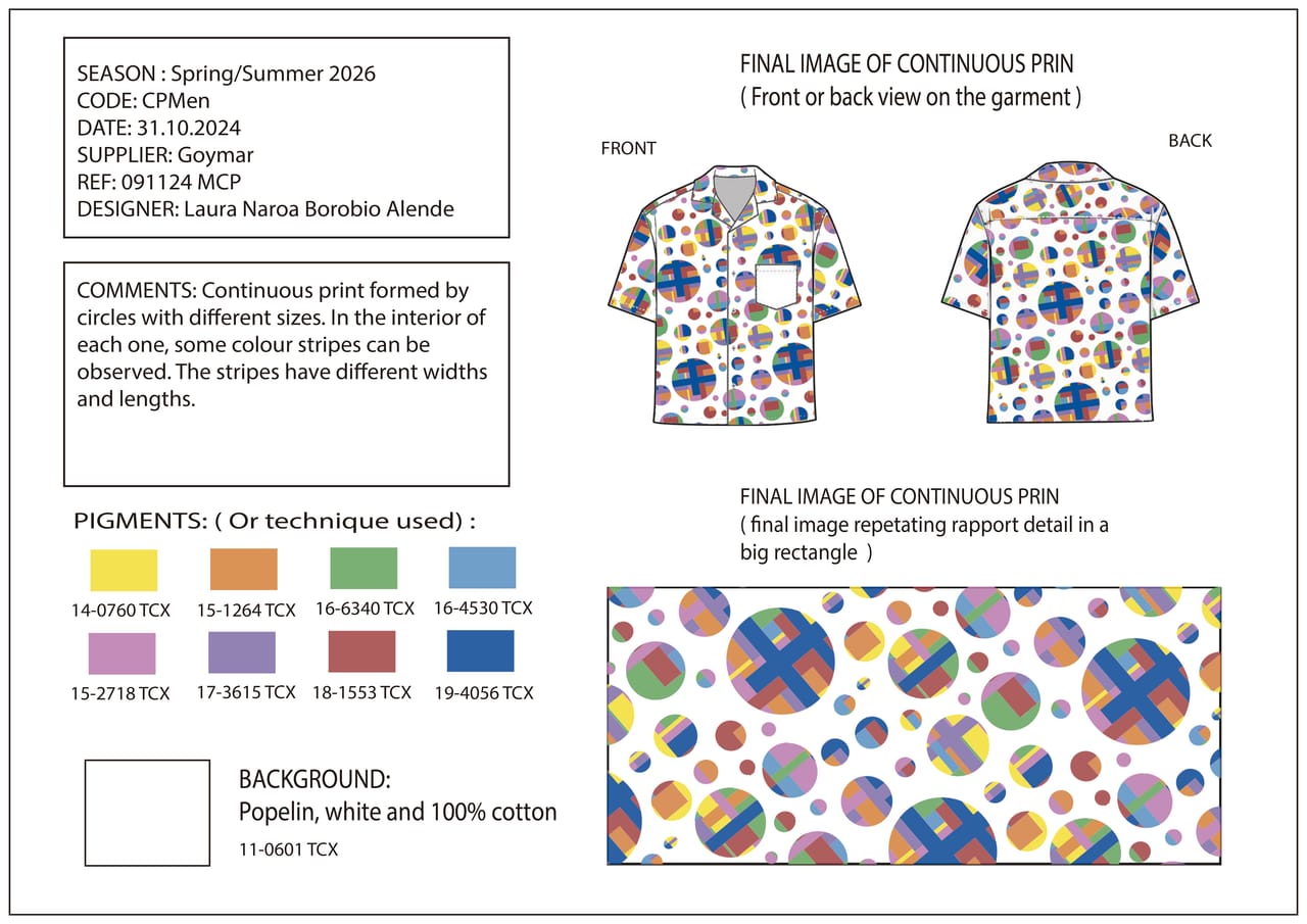 Technical specification sheet for PLAYFUL TECH: front and back flat drawings with construction annotations, fabric swatches and Pantone references.