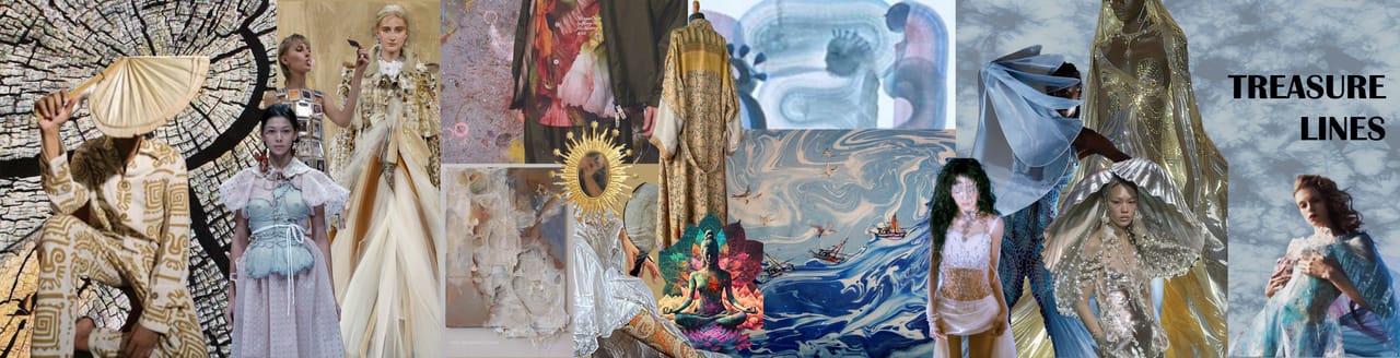 Mood board for the TREASURE LINES collection: photographic references, textile samples and the collection title.