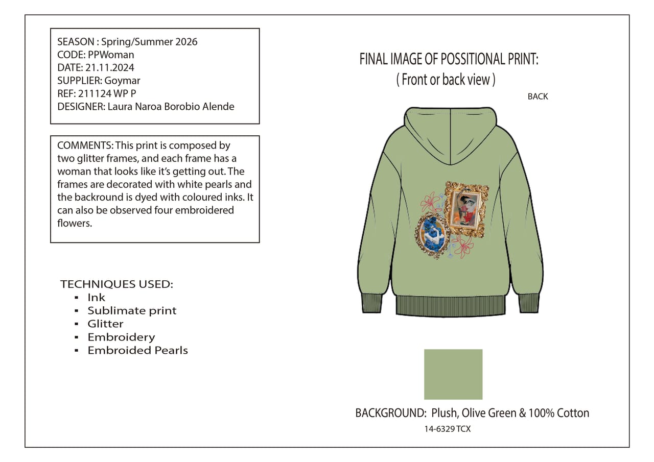 Technical specification sheet for TREASURE LINES: front and back flat drawings with construction annotations, fabric swatches and Pantone references.