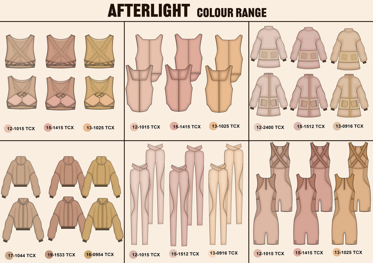 Design plate for AFTERLIGHT: fashion illustrations and technical flat drawings with construction annotations.