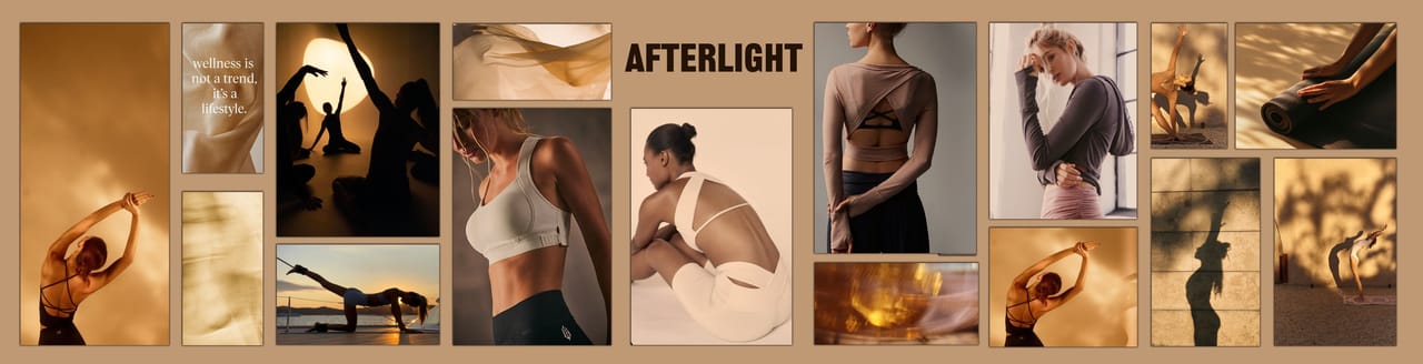 Mood board for the AFTERLIGHT collection: photographic references, textile samples and the collection title.