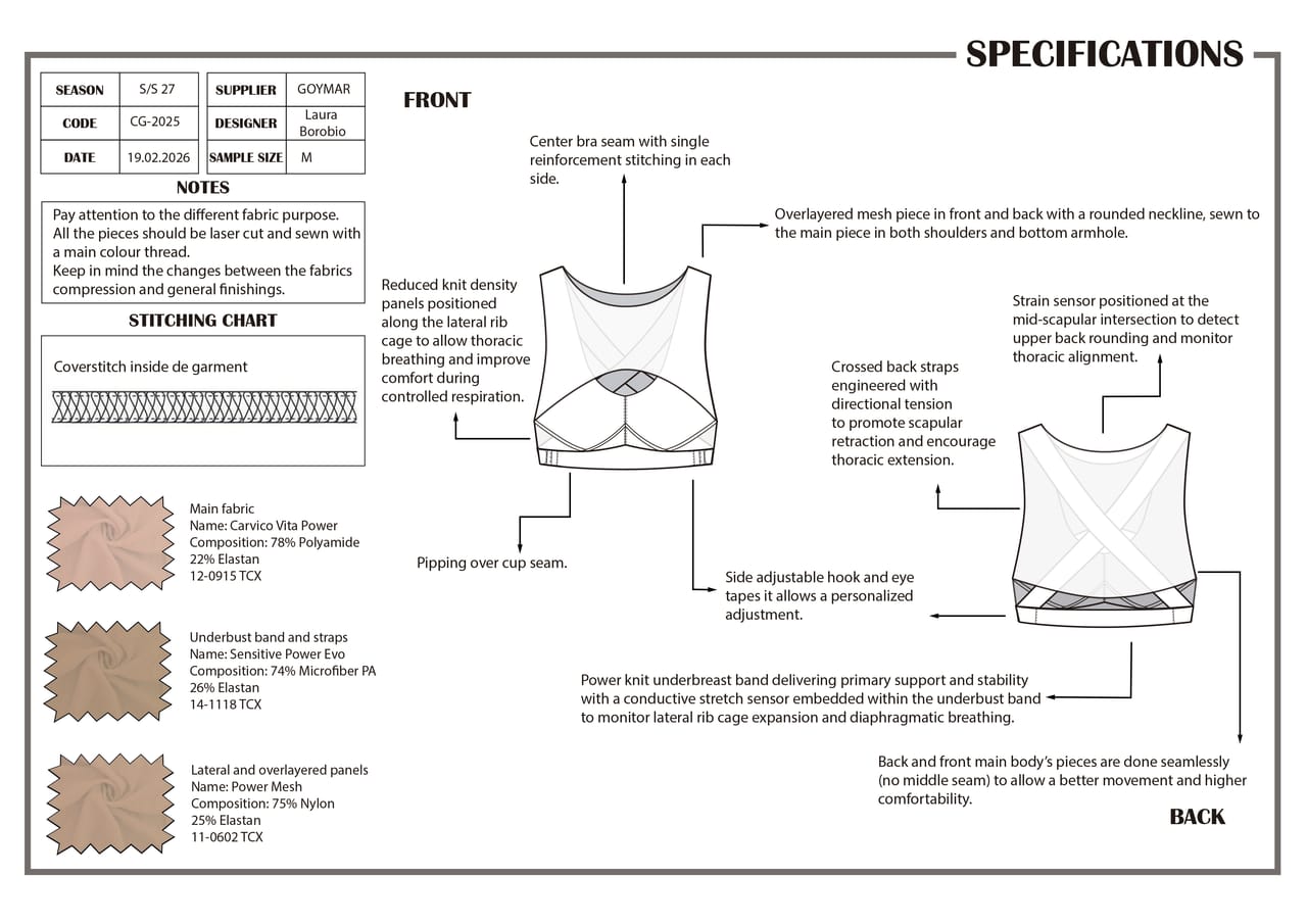 Technical specification sheet for AFTERLIGHT: front and back flat drawings with construction annotations, fabric swatches and Pantone references.