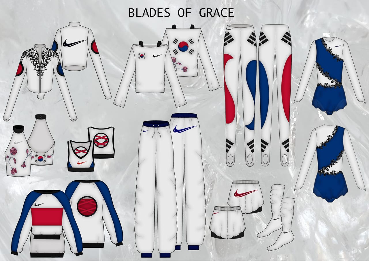 Design plate for BLADES OF GRACE: fashion illustrations and technical flat drawings with construction annotations.