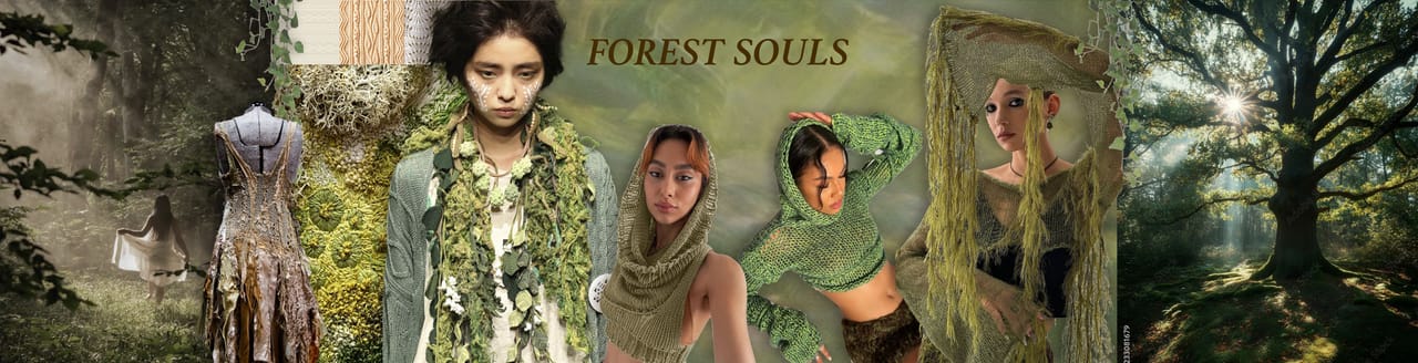 Mood board for the FOREST SOULS collection: photographic references, textile samples and the collection title.