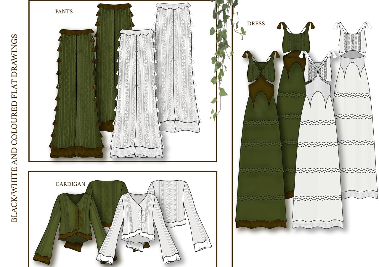 Design plate for FOREST SOULS: fashion illustrations and technical flat drawings with construction annotations.