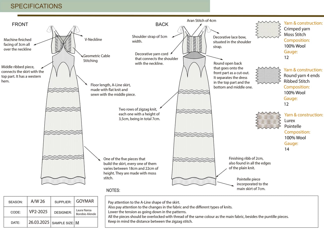 Technical specification sheet for FOREST SOULS: front and back flat drawings with construction annotations, fabric swatches and Pantone references.