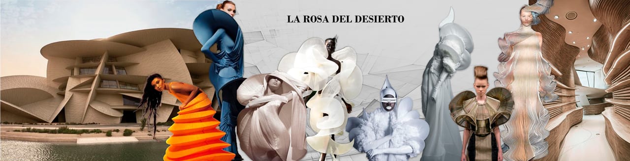 Mood board for the LA ROSA DEL DESIERTO collection: photographic references, textile samples and the collection title.