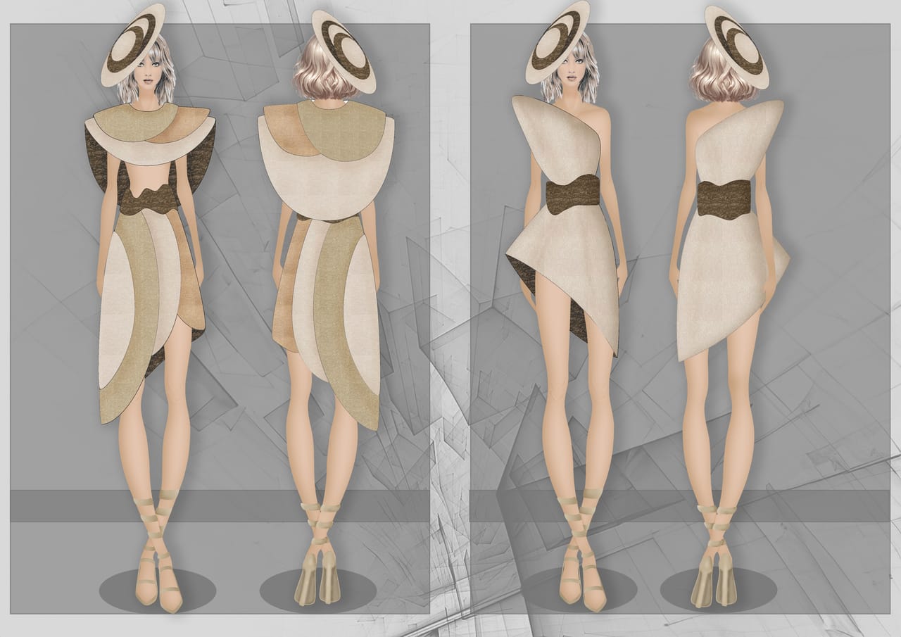 Design plate for LA ROSA DEL DESIERTO: fashion illustrations and technical flat drawings with construction annotations.