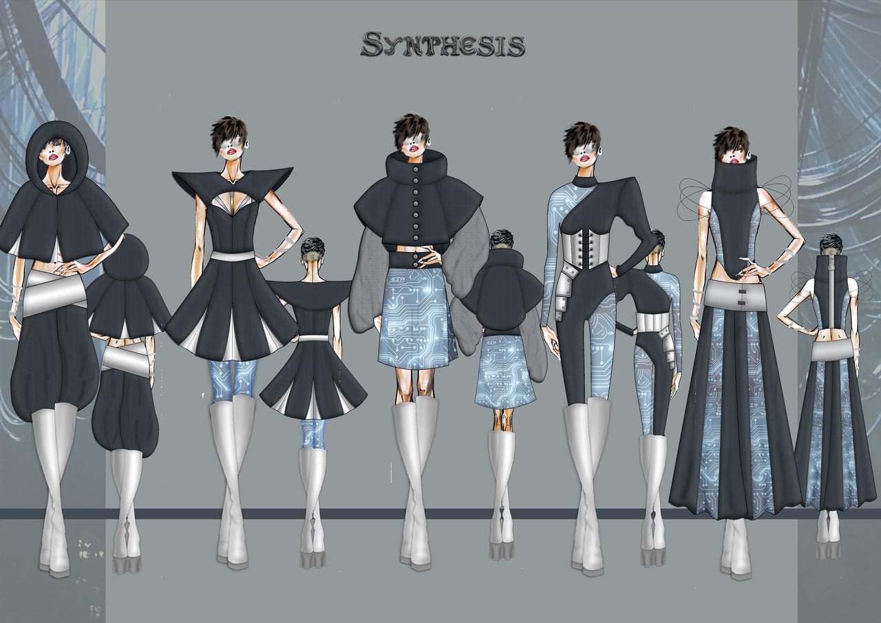 Design plate for SYNTHESIS: fashion illustrations and technical flat drawings with construction annotations.
