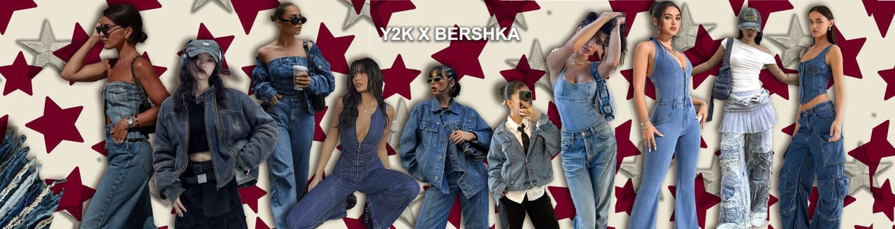 Mood board for the Y2K REVIVAL collection: photographic references, textile samples and the collection title.