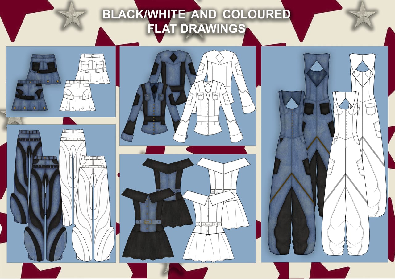 Design plate for Y2K REVIVAL: fashion illustrations and technical flat drawings with construction annotations.