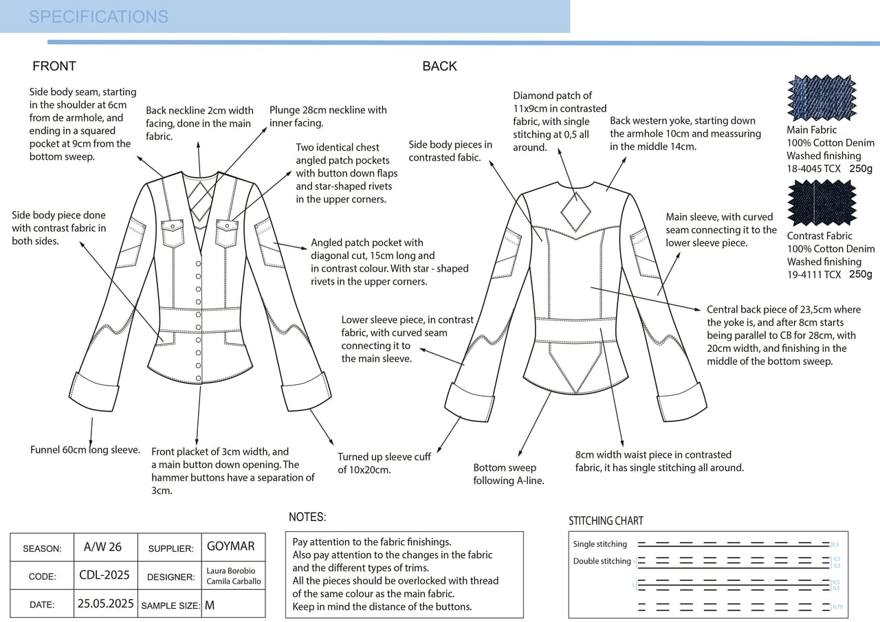Technical specification sheet for Y2K REVIVAL: front and back flat drawings with construction annotations, fabric swatches and Pantone references.
